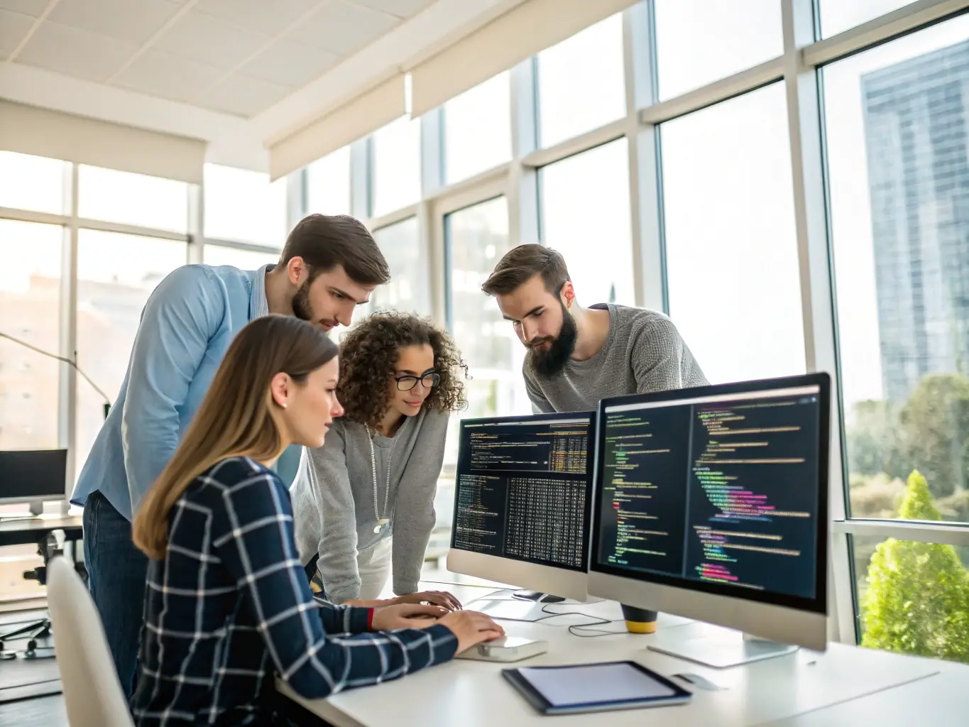 A diverse group of students collaborating on a complex coding project, showcasing the practical application of IT skills and the potential for innovation.