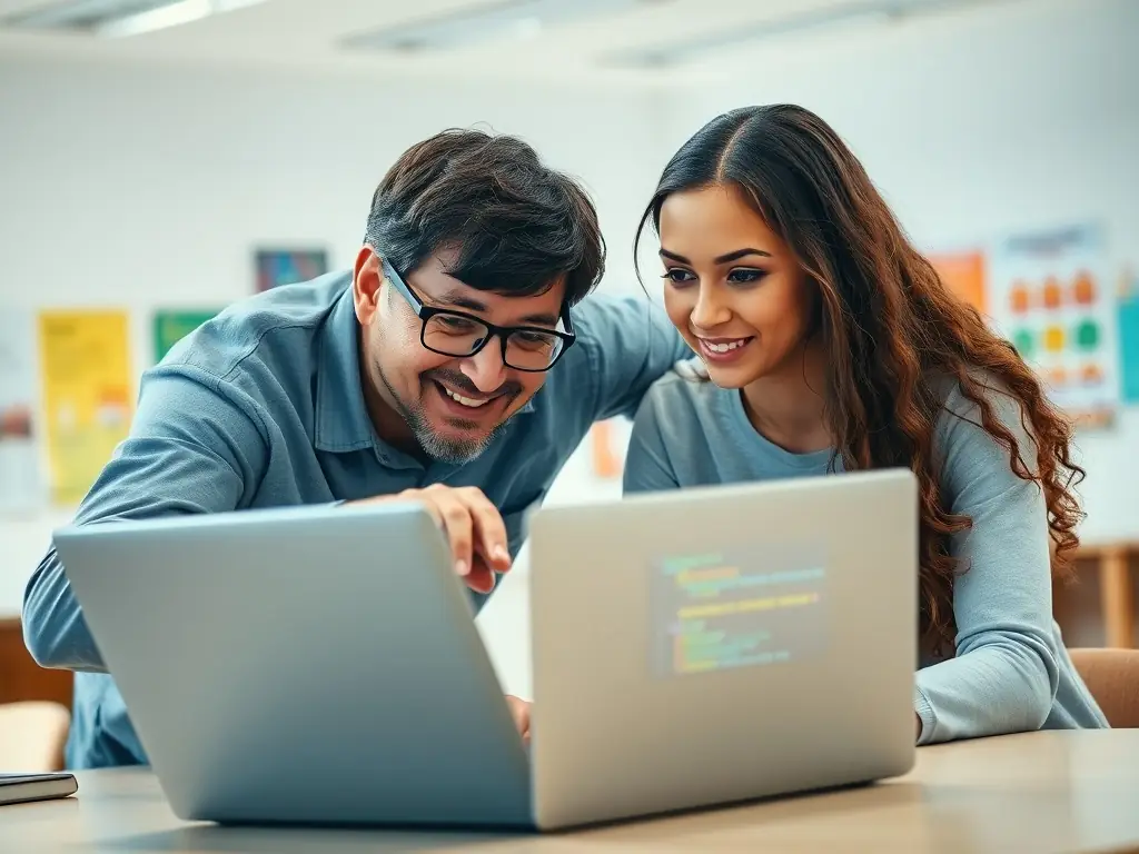 A photo of a programming instructor helping a student debug code, with a focus on the instructor's expertise and the student's engagement.