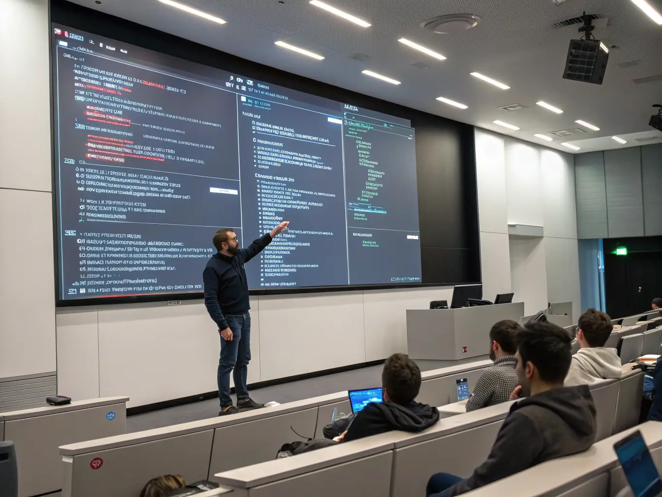 A photo of a programming instructor explaining code to a student in a modern classroom setting, with multiple screens displaying code and project details.