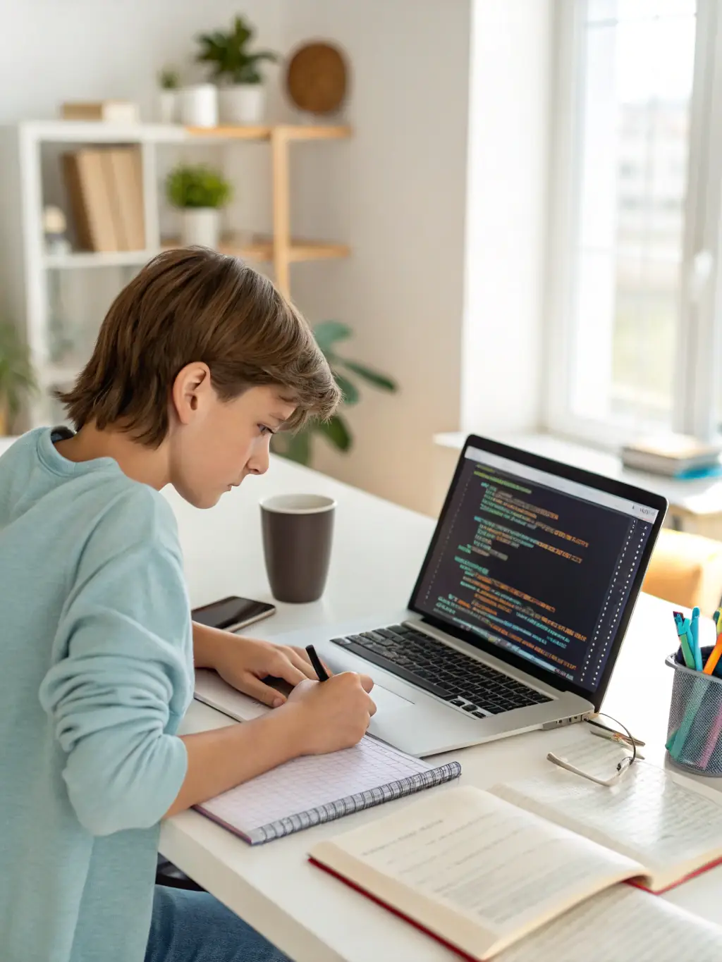 A student intensely focused on a computer screen, coding with determination during a Python course at discoursebox.site, highlighting the hands-on learning experience.